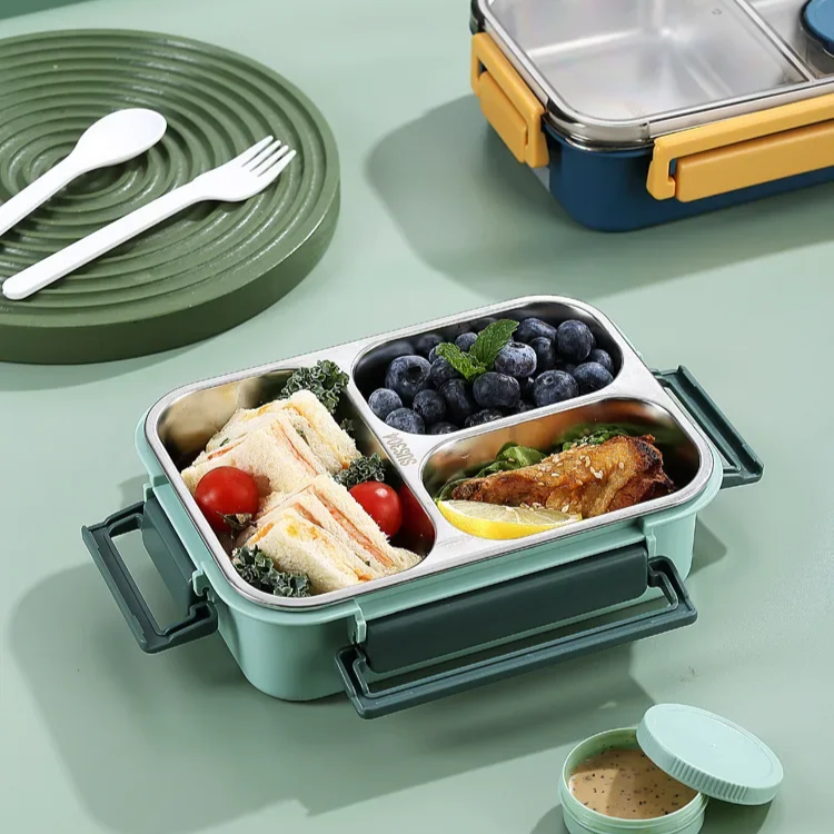 Bento Lunch Box with Stainless Steel Tray Three Compartments and Leak-Proof Lid - Image 5