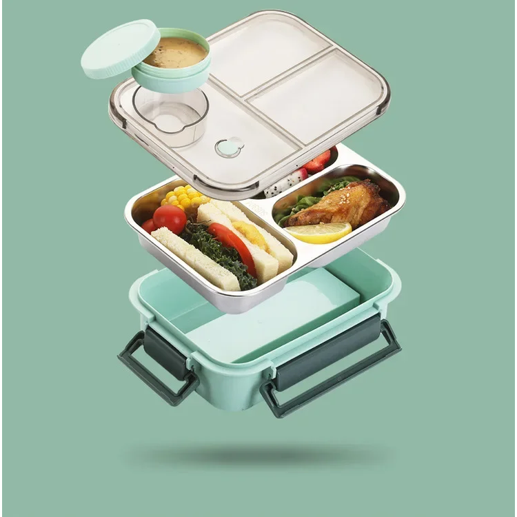 Bento Lunch Box with Stainless Steel Tray Three Compartments and Leak-Proof Lid - Image 6