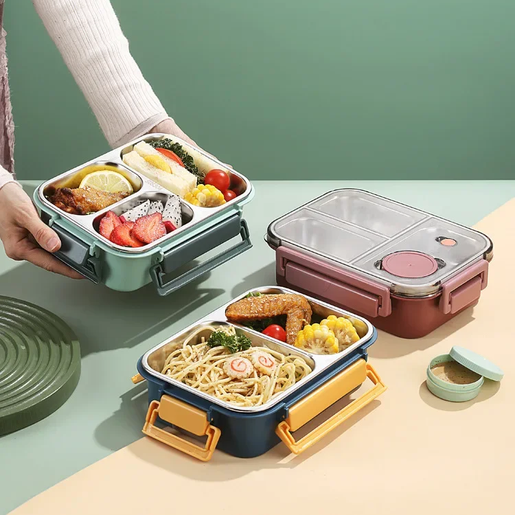 Bento Lunch Box with Stainless Steel Tray Three Compartments and Leak-Proof Lid - Image 8