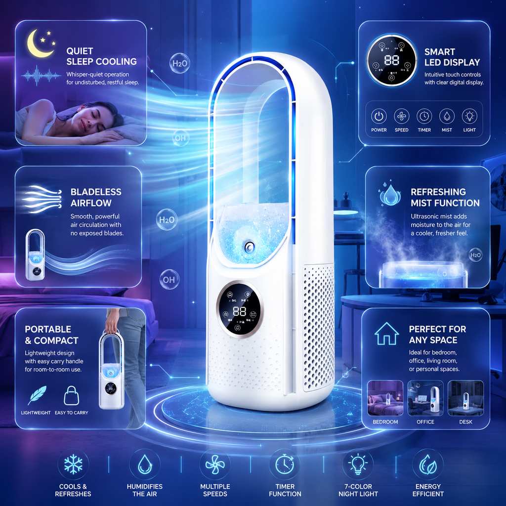 Bladeless Desk Fan with Misting Water Tank and LED Nightlight - Image 4