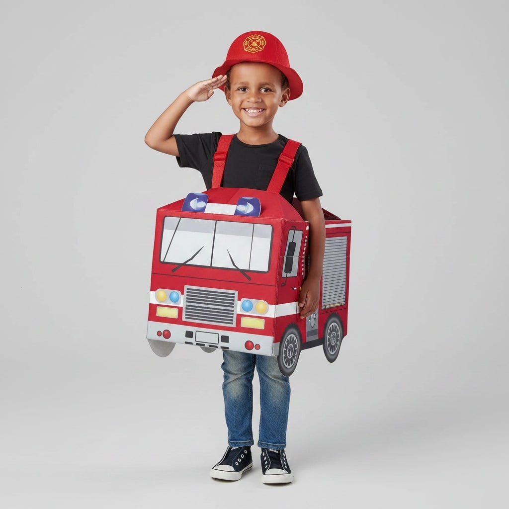 Boys' Halloween Firefighter Costume with Jacket Hat and Wearable Fire Truck for Dress Up and Party - Image 3