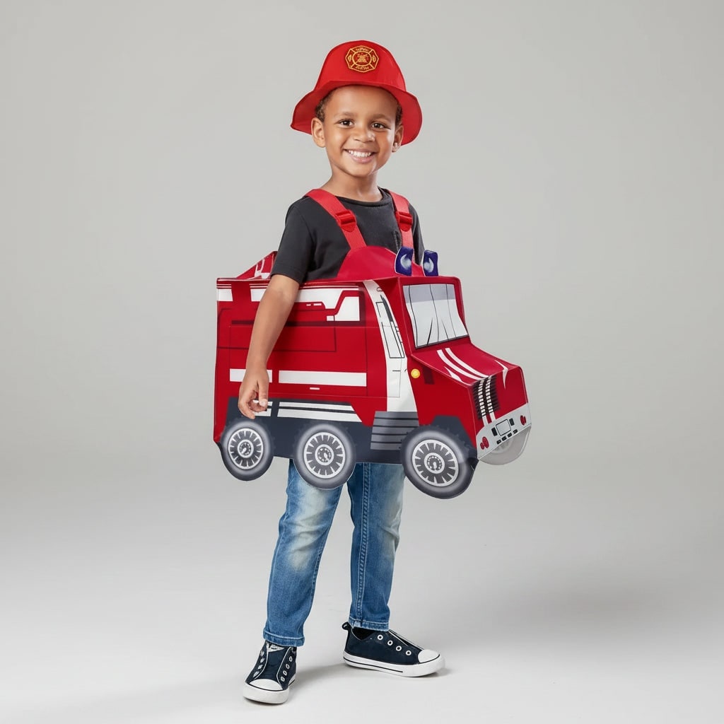 Boys' Halloween Firefighter Costume with Jacket Hat and Wearable Fire Truck for Dress Up and Party - Image 4