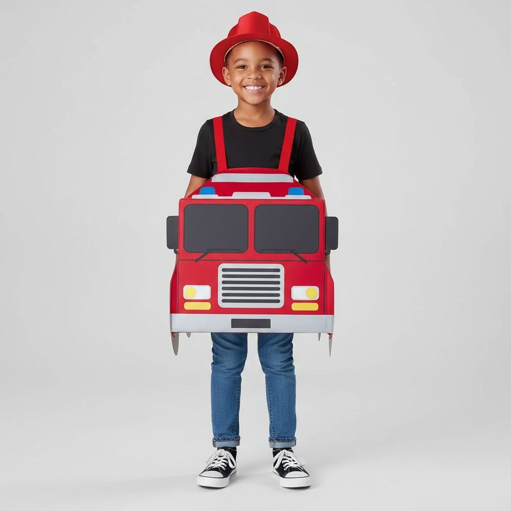 Boys' Halloween Firefighter Costume with Jacket Hat and Wearable Fire Truck for Dress Up and Party - Image 6