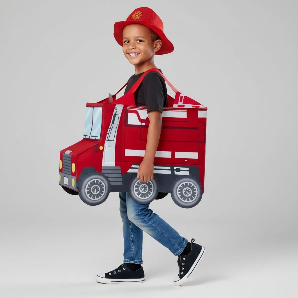 Boys' Halloween Firefighter Costume with Jacket Hat and Wearable Fire Truck for Dress Up and Party - Image 7