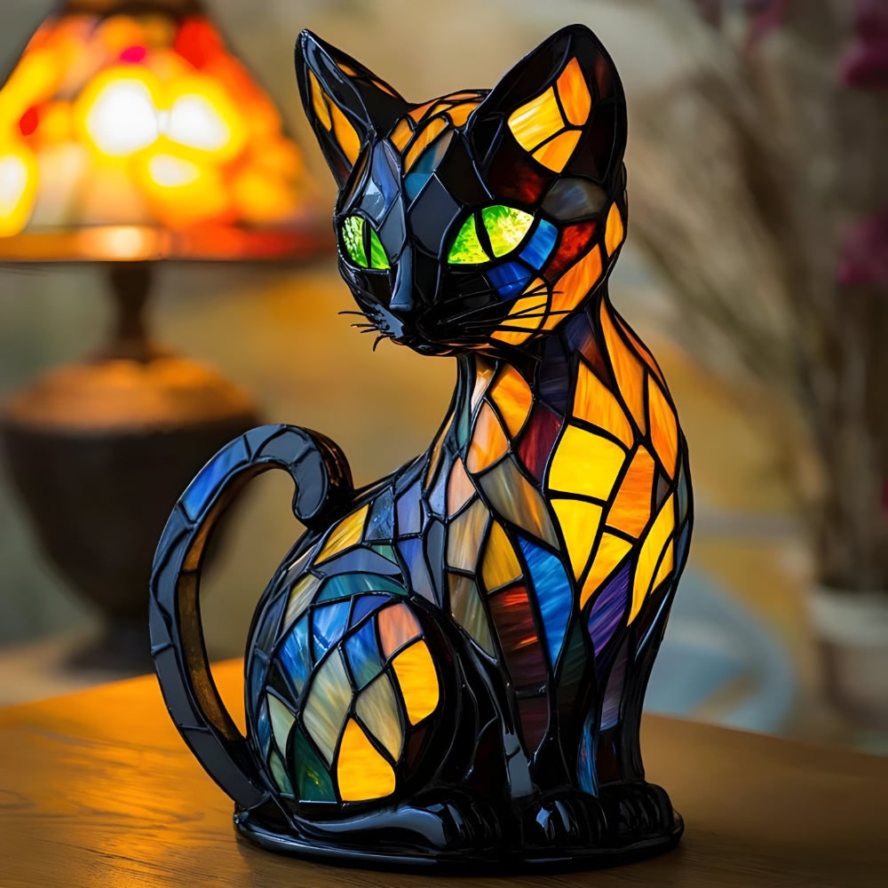 Cat Table Lamp with Stained Glass Mosaic Design and Color-Changing Glow for Bedside Desk - Image 1