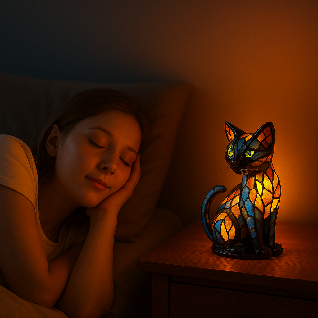 Cat Table Lamp with Stained Glass Mosaic Design and Color-Changing Glow for Bedside Desk - Image 2
