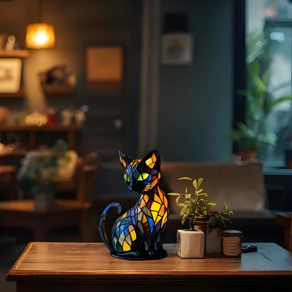 Cat Table Lamp with Stained Glass Mosaic Design and Color-Changing Glow for Bedside Desk - Image 3