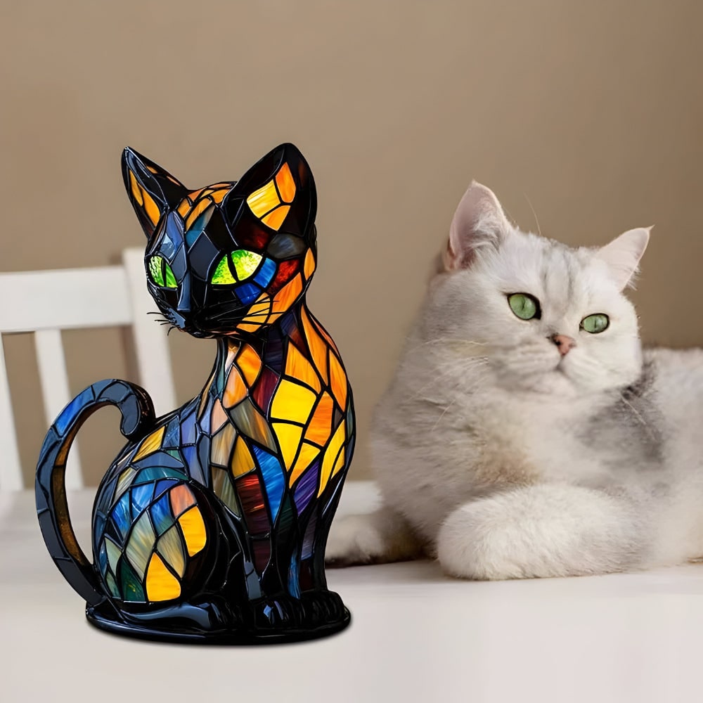 Cat Table Lamp with Stained Glass Mosaic Design and Color-Changing Glow for Bedside Desk - Image 6