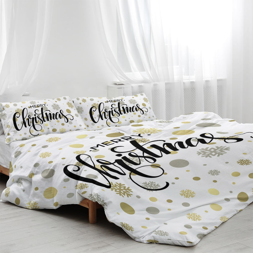 Christmas Bedding Set with Duvet Cover and Pillowcases White Holiday Microfiber Merry Script - Image 1