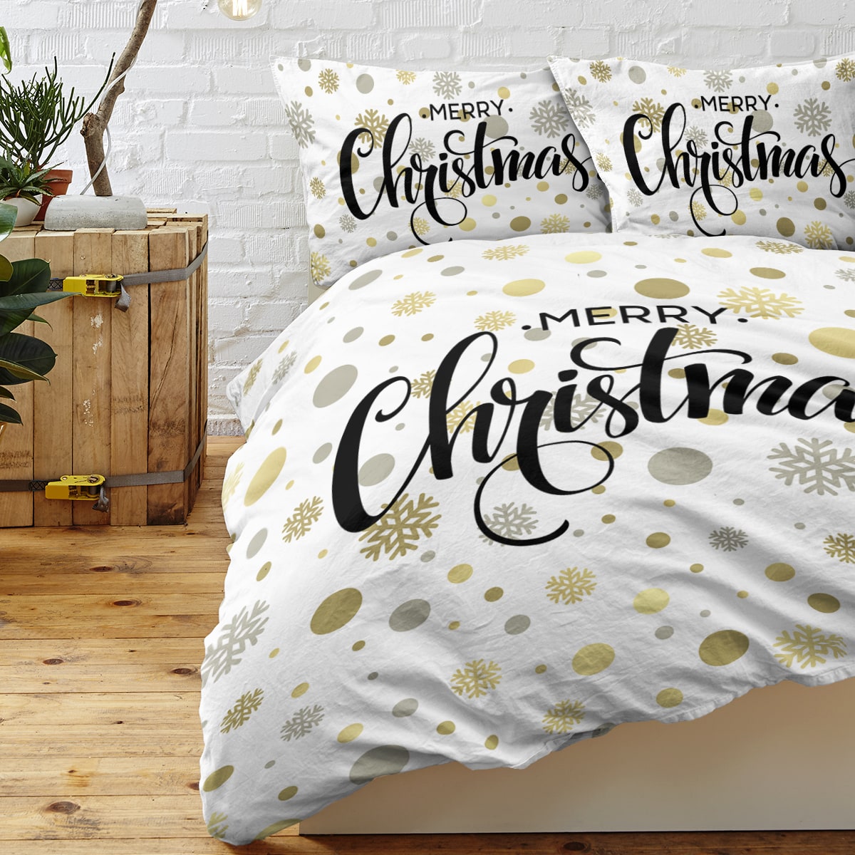 Christmas Bedding Set with Duvet Cover and Pillowcases White Holiday Microfiber Merry Script - Image 5