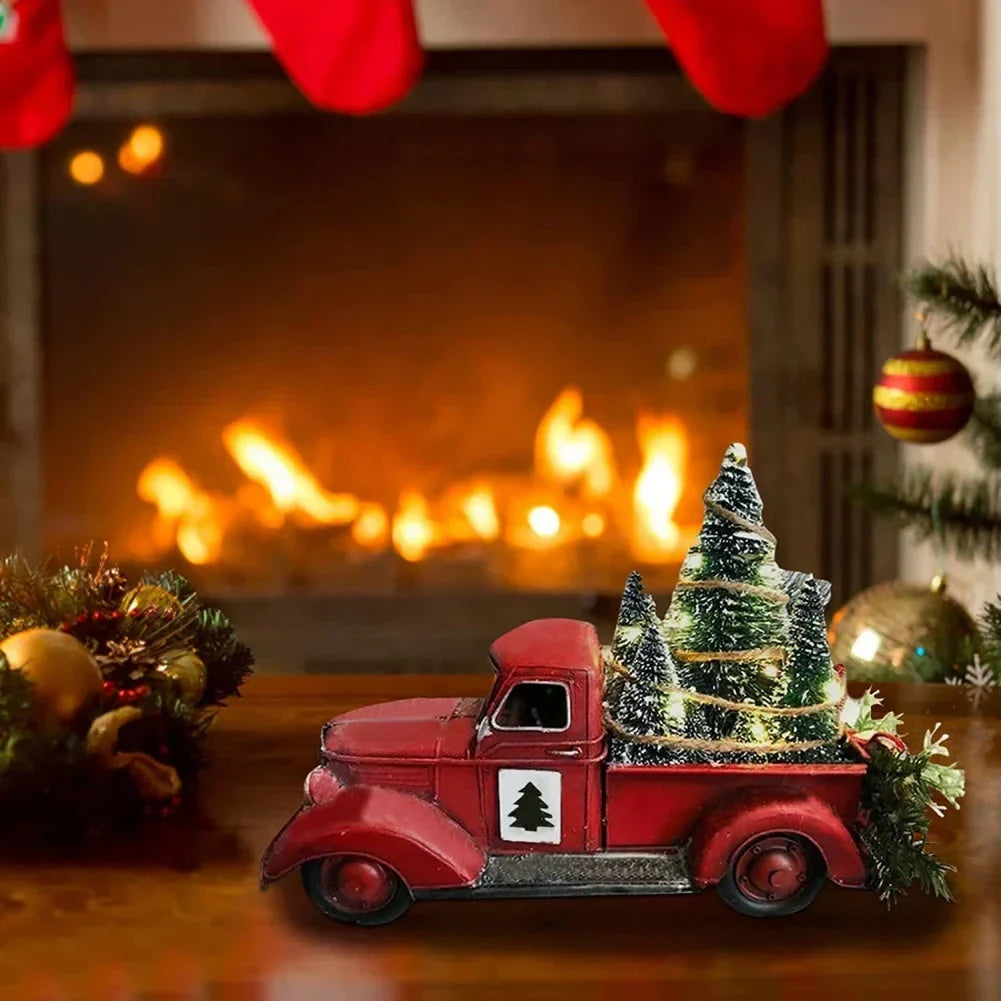 Christmas Decoration Red Truck with LED Bottle Brush Trees and Rustic Tabletop Design - Image 3