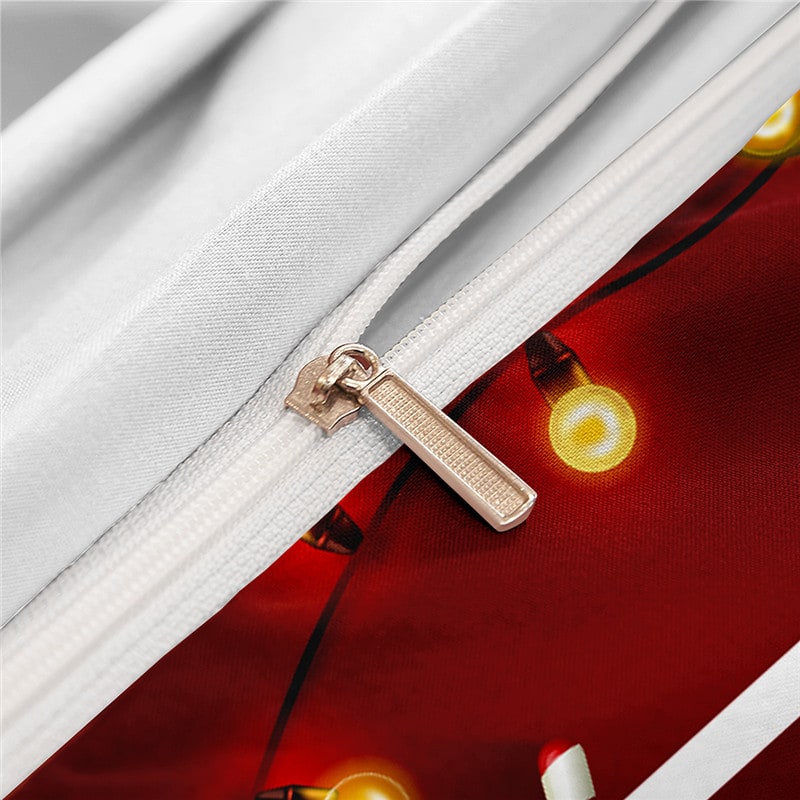 Christmas Duvet Cover Set with Poinsettia and String Lights Print Three-Piece Bedding - Image 1