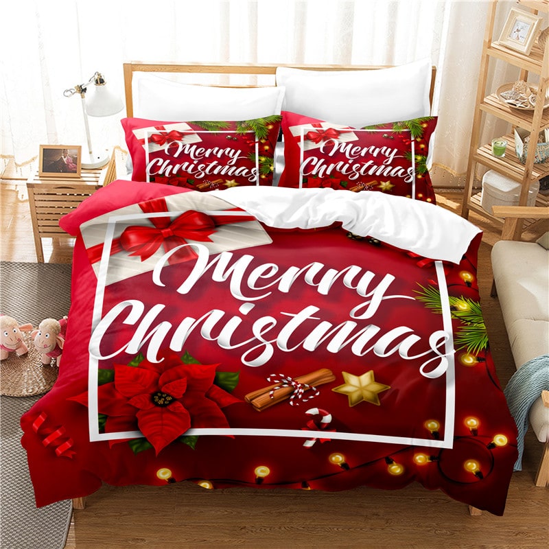 Christmas Duvet Cover Set with Poinsettia and String Lights Print Three-Piece Bedding - Image 3