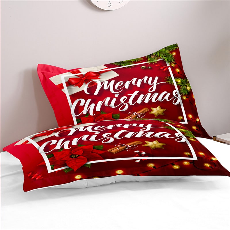 Christmas Duvet Cover Set with Poinsettia and String Lights Print Three-Piece Bedding - Image 5