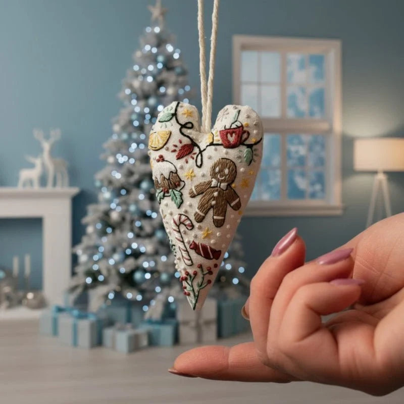 Christmas Embroidery Kit for Beginners with Heart-Shaped Ornament and Hoop - Image 1