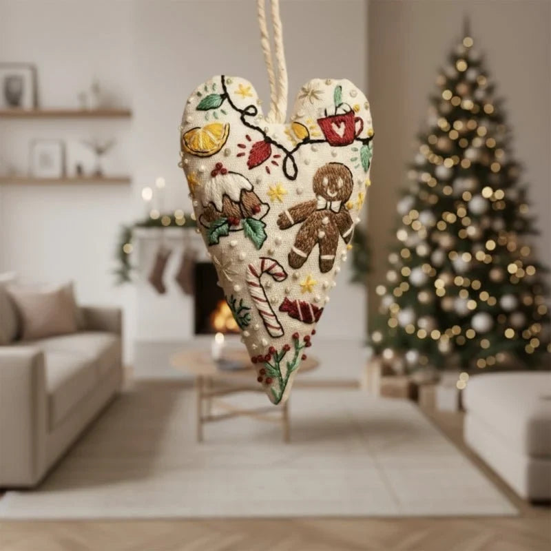 Christmas Embroidery Kit for Beginners with Heart-Shaped Ornament and Hoop - Image 2