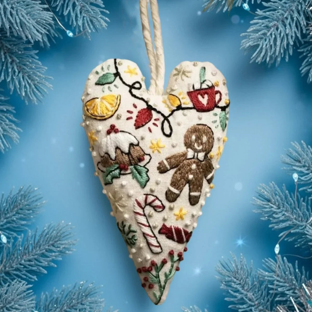 Christmas Embroidery Kit for Beginners with Heart-Shaped Ornament and Hoop - Image 8