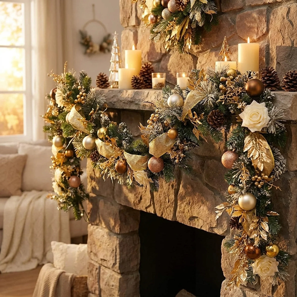 Christmas Garland for Mantle with Artificial Pine Ornaments and Gold Mesh Ribbon - Image 2