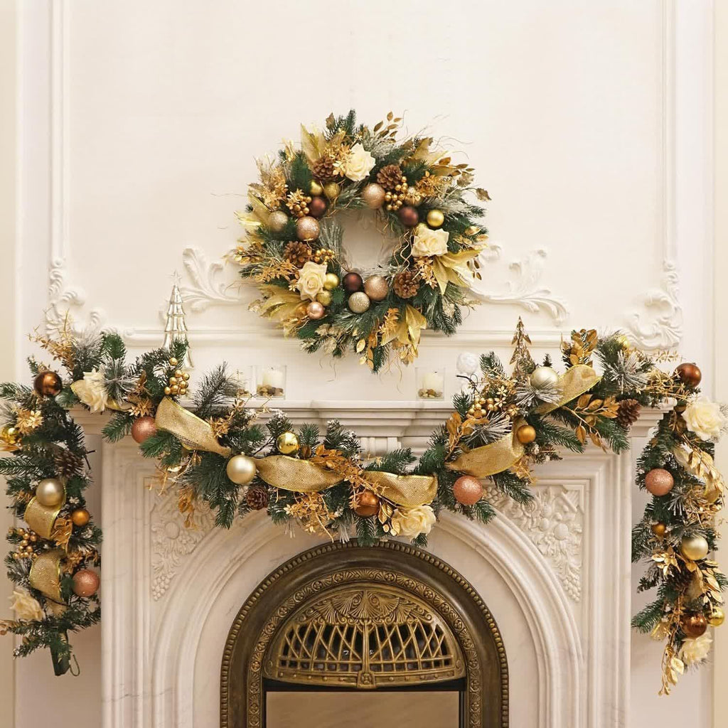 Christmas Garland for Mantle with Artificial Pine Ornaments and Gold Mesh Ribbon - Image 4