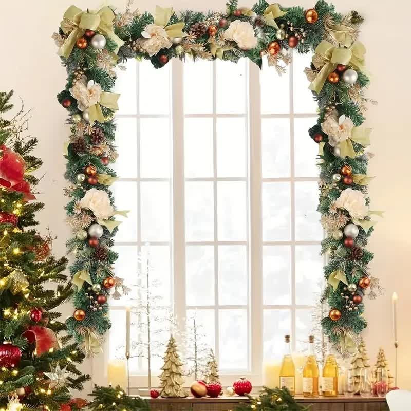 Christmas Garland for Mantle with Artificial Pine Ornaments and Gold Mesh Ribbon - Image 5