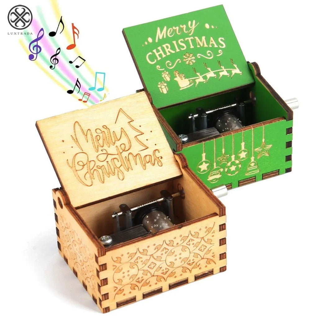 Christmas Music Box with Hand Crank Wooden Mechanical Festive Decoration - Image 2