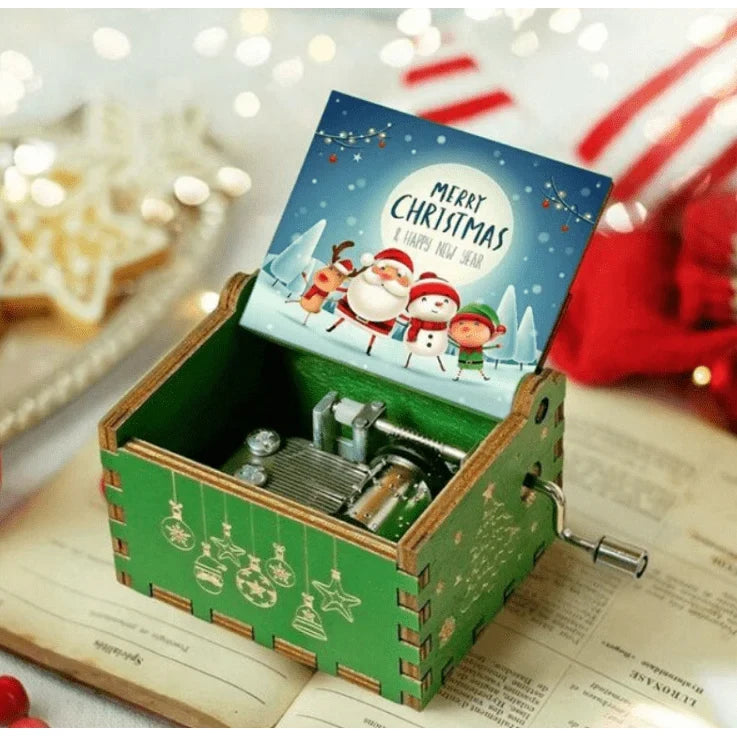 Christmas Music Box with Hand Crank Wooden Mechanical Festive Decoration - Image 3