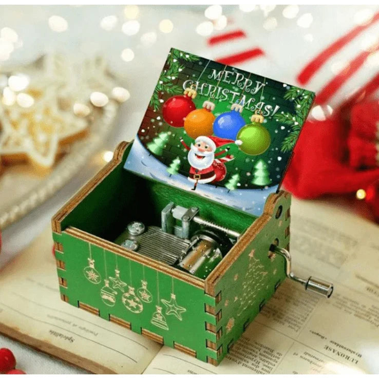 Christmas Music Box with Hand Crank Wooden Mechanical Festive Decoration - Image 4