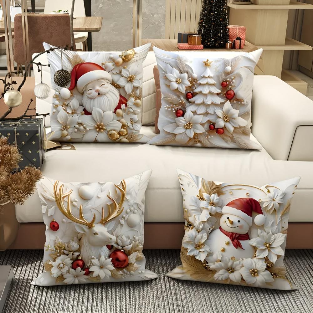 Christmas Pillow Covers Set of 4 Square Throw with 3D Holiday Designs - Image 2