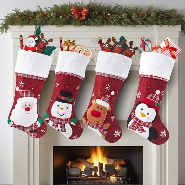 Christmas Stockings with Plush Cuff Embroidered Snowflakes and Applique Details - Image 2