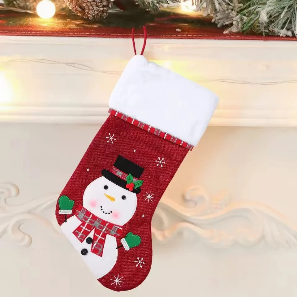 Christmas Stockings with Plush Cuff Embroidered Snowflakes and Applique Details - Image 3