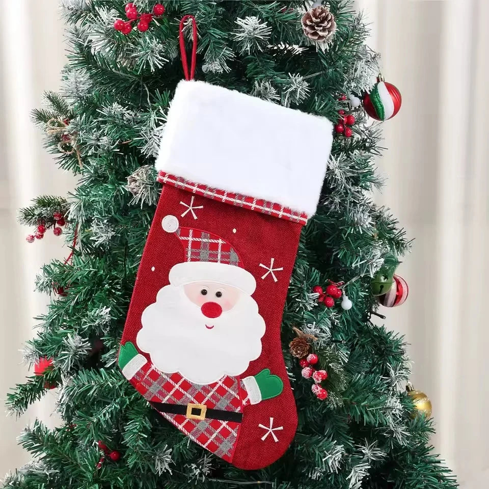 Christmas Stockings with Plush Cuff Embroidered Snowflakes and Applique Details - Image 4