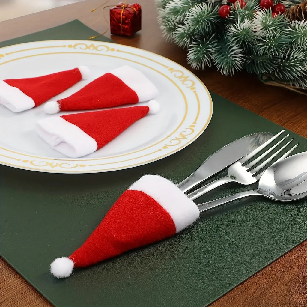 Christmas Table Place Settings Santa Hat Cutlery Holders with White Plush Trim Set of 6 cm - Image 2