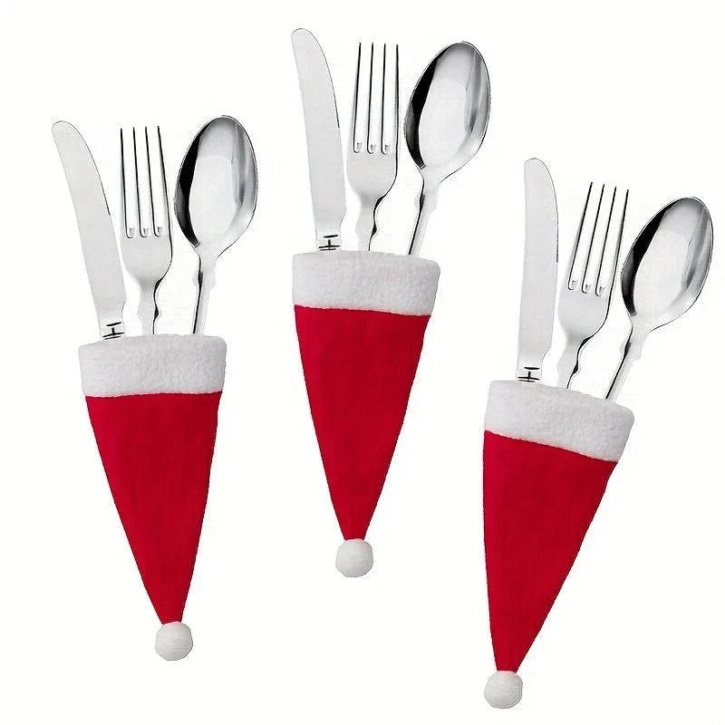 Christmas Table Place Settings Santa Hat Cutlery Holders with White Plush Trim Set of 6 cm - Image 6