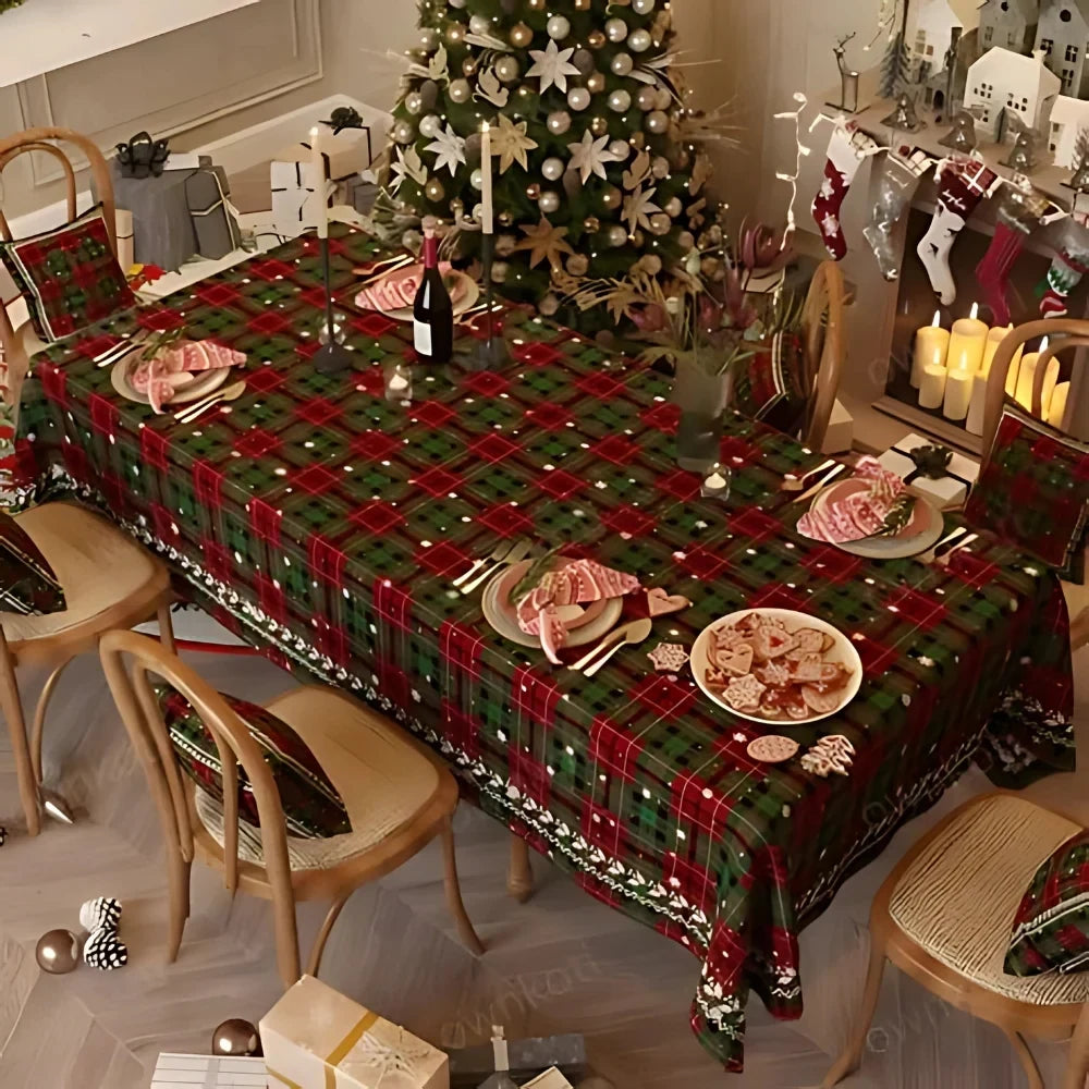 Christmas Tablecloth with Plaid Pattern and Chenille Fabric for Holiday Dining - Image 2