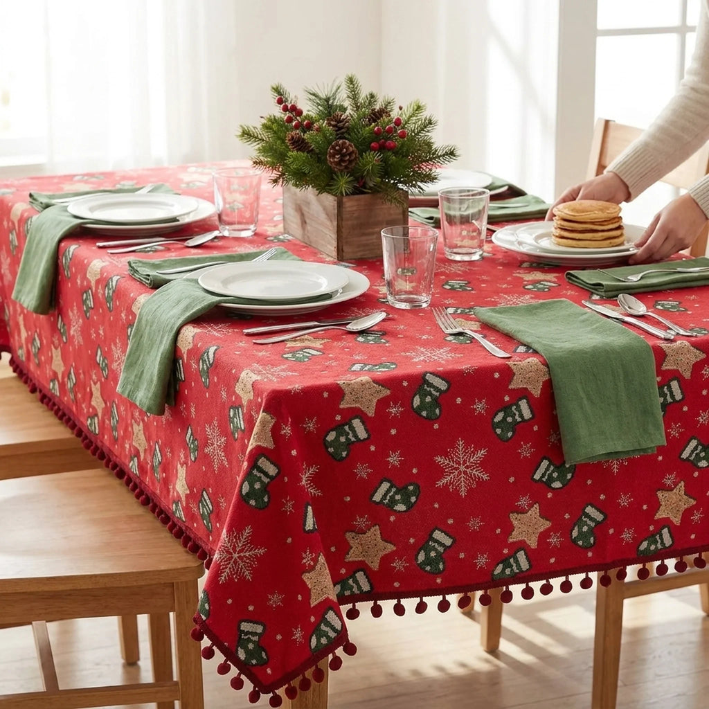 Christmas Tablecloth with Pom-Pom Fringe Festive Snowflake and Holiday Stocking Pattern - Image 2