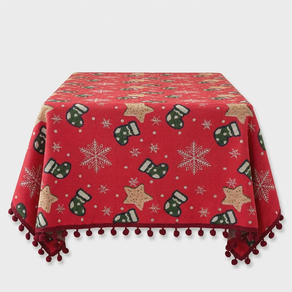 Christmas Tablecloth with Pom-Pom Fringe Festive Snowflake and Holiday Stocking Pattern - Image 3