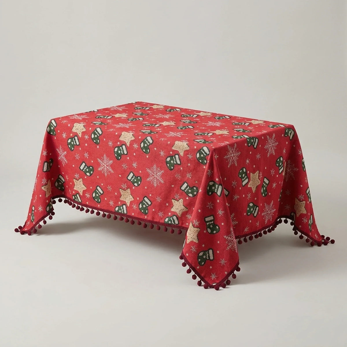 Christmas Tablecloth with Pom-Pom Fringe Festive Snowflake and Holiday Stocking Pattern - Image 4