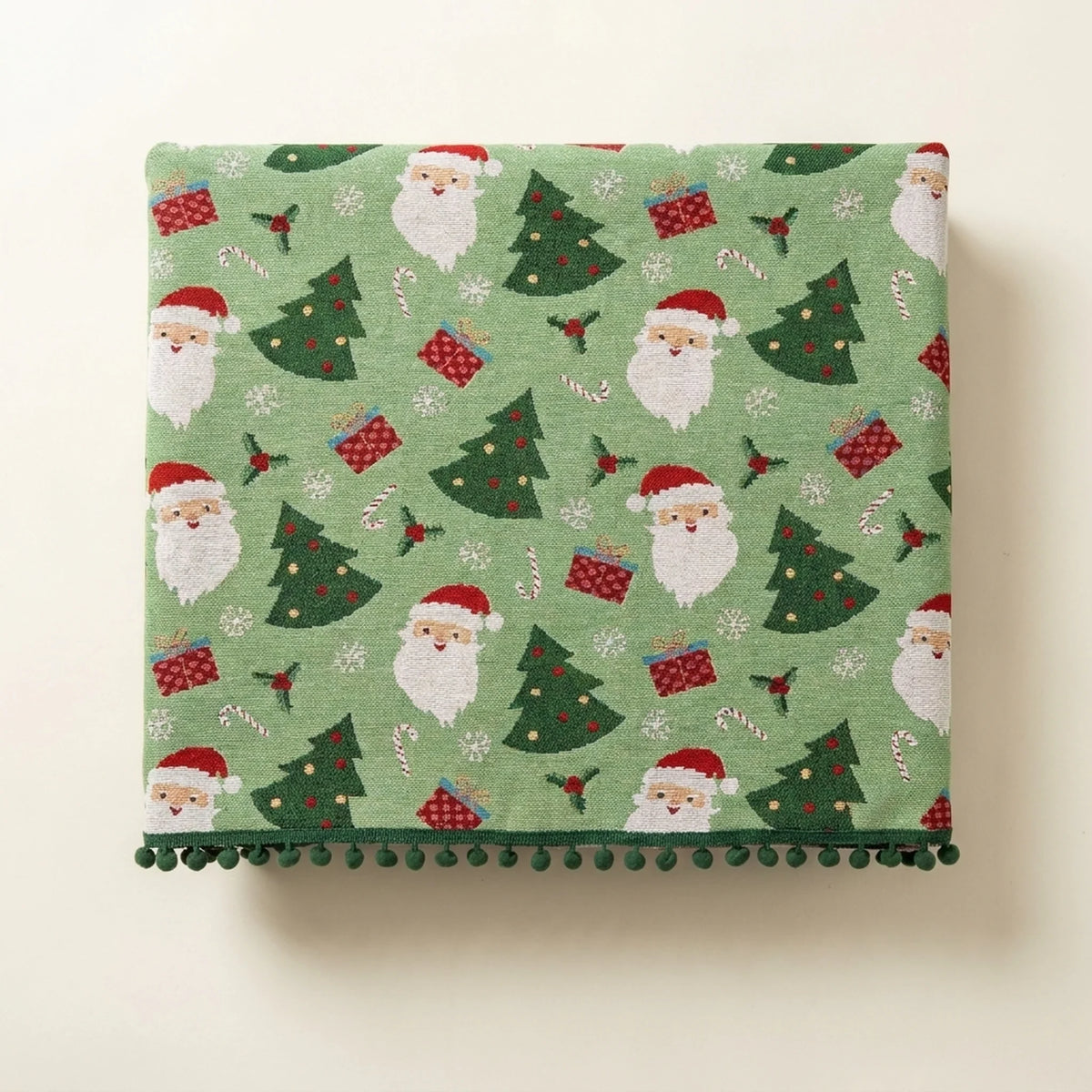 Christmas Tablecloth with Pom-Pom Trim Festive Santa Tree and Gift Print Holiday Table Linens - Image 2