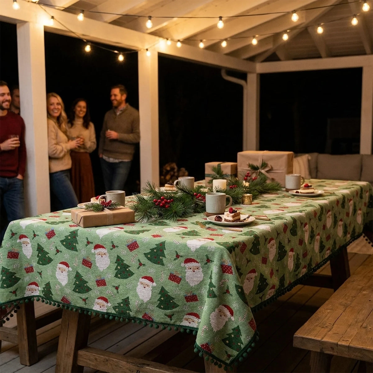 Christmas Tablecloth with Pom-Pom Trim Festive Santa Tree and Gift Print Holiday Table Linens - Image 4