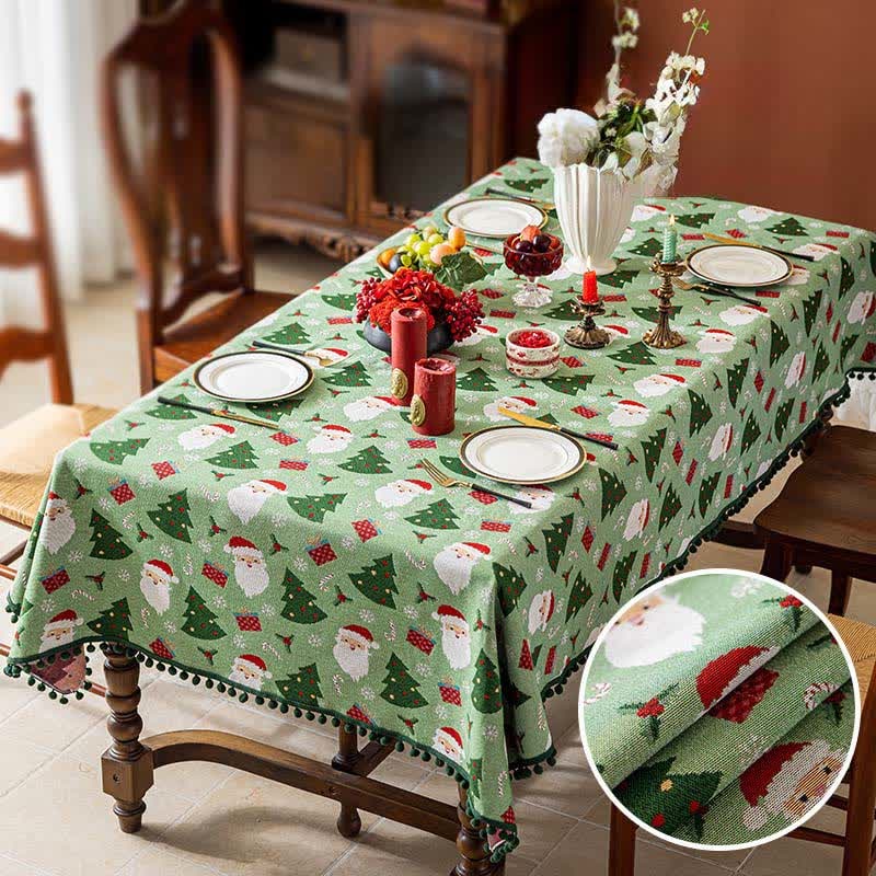 Christmas Tablecloth with Pom-Pom Trim Festive Santa Tree and Gift Print Holiday Table Linens - Image 5