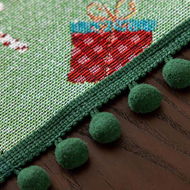 Christmas Tablecloth with Pom-Pom Trim Festive Santa Tree and Gift Print Holiday Table Linens - Image 6