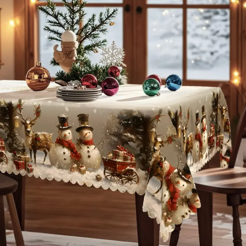 Christmas Tablecloth with Snowman and Reindeer Print Scalloped Hem Machine Washable - Image 4