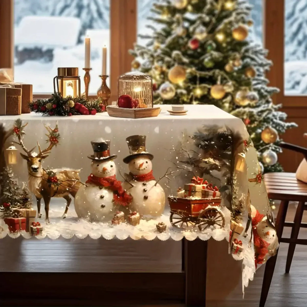 Christmas Tablecloth with Snowman and Reindeer Print Scalloped Hem Machine Washable - Image 5