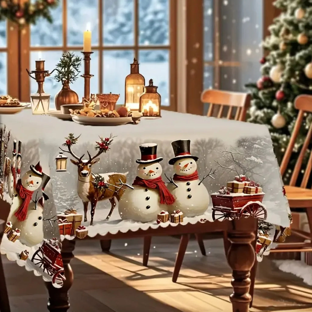 Christmas Tablecloth with Snowman and Reindeer Print Scalloped Hem Machine Washable - Image 6