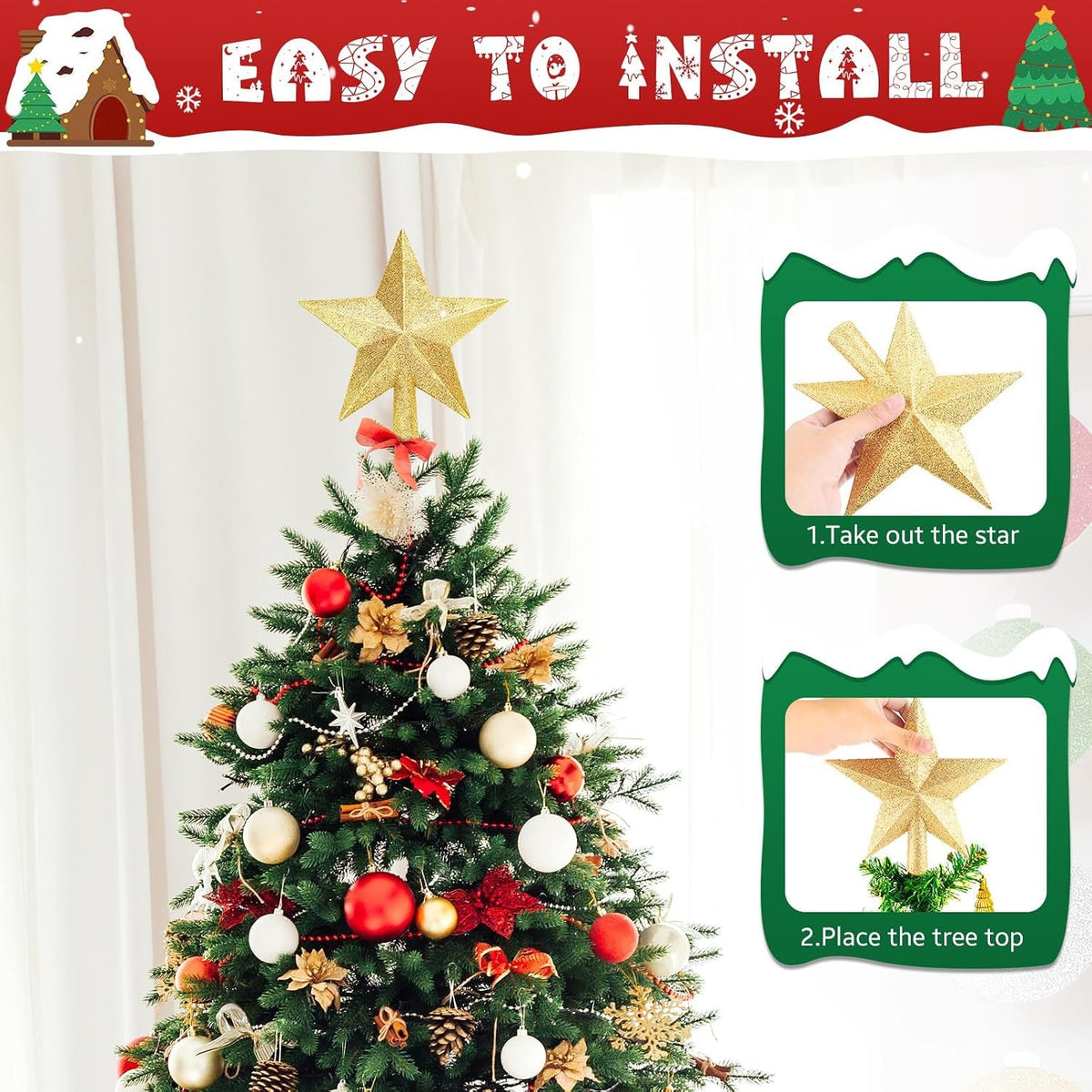Christmas Tree Topper Five-Pointed Star with Glitter Finish Shatterproof Holiday Decoration - Image 1