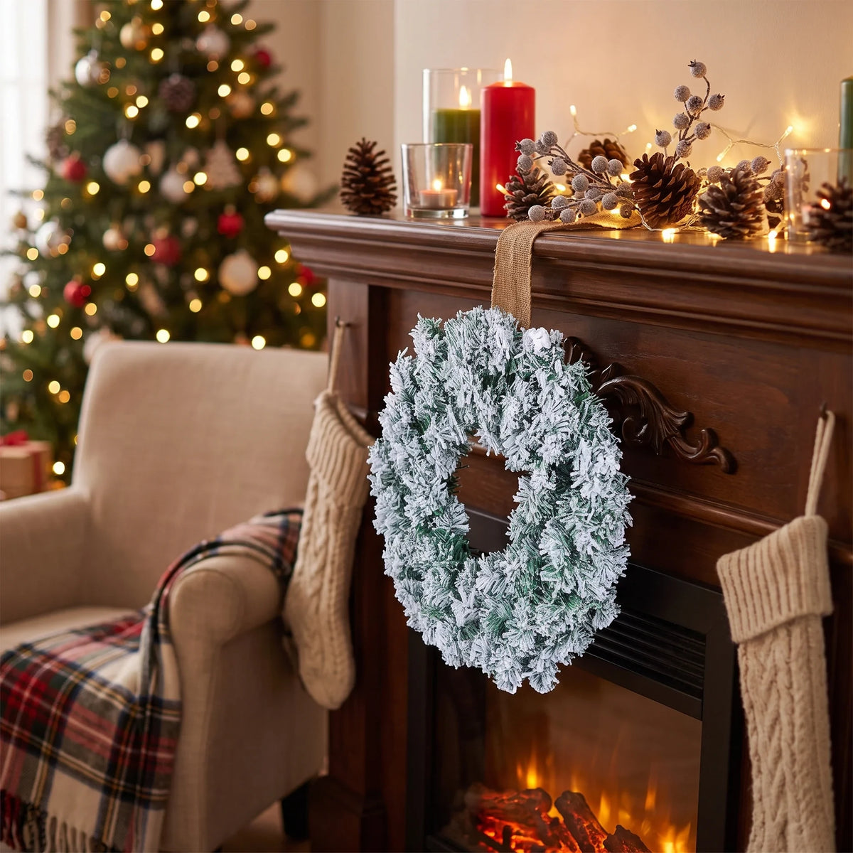 Christmas Wreath with Flocked Pine Needles and Snow-Covered Design for Front Door - Image 3