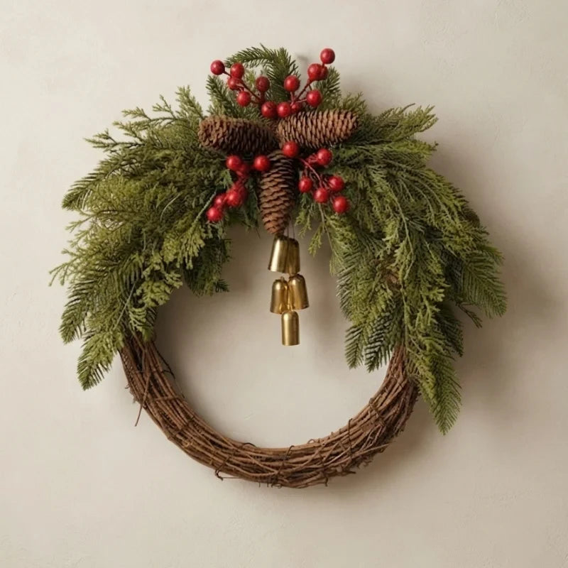 Christmas Wreath with Golden Bells Pinecones and Artificial Evergreen for Holiday Decoration - Image 1