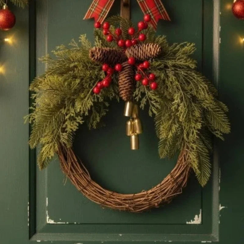 Christmas Wreath with Golden Bells Pinecones and Artificial Evergreen for Holiday Decoration - Image 5