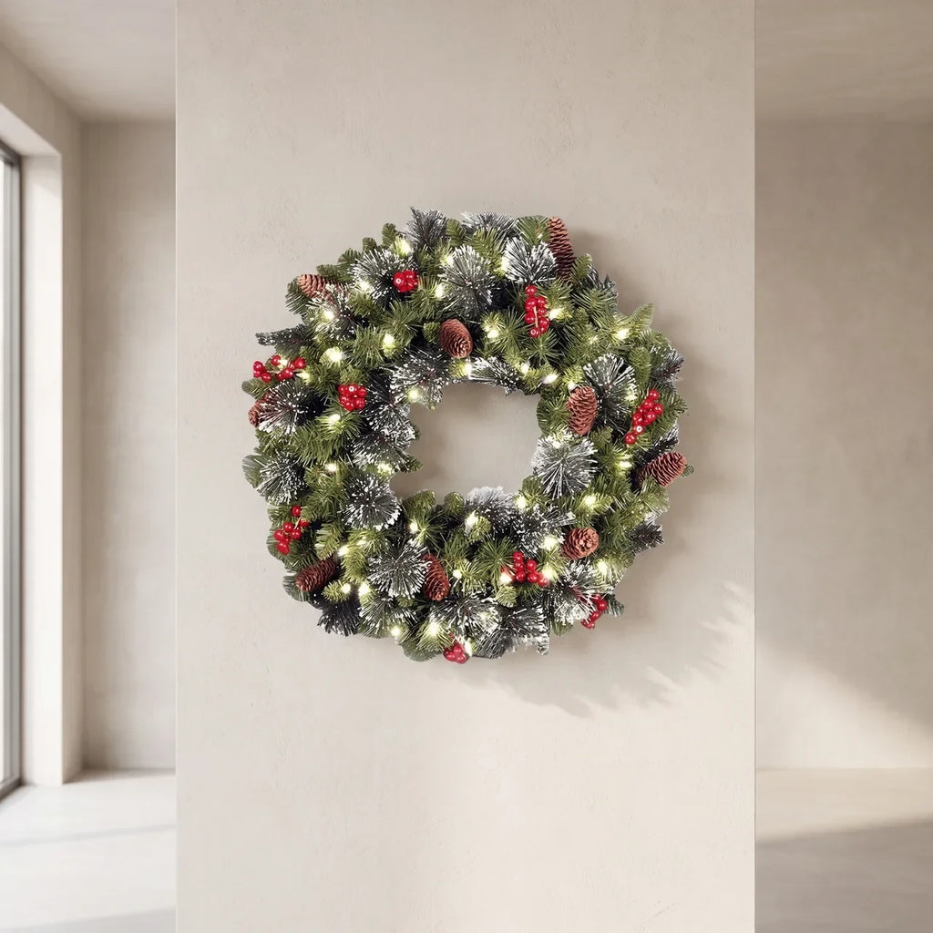 Christmas Wreath with Lights Pine Cones and Red Berries for Door Decoration - Image 1