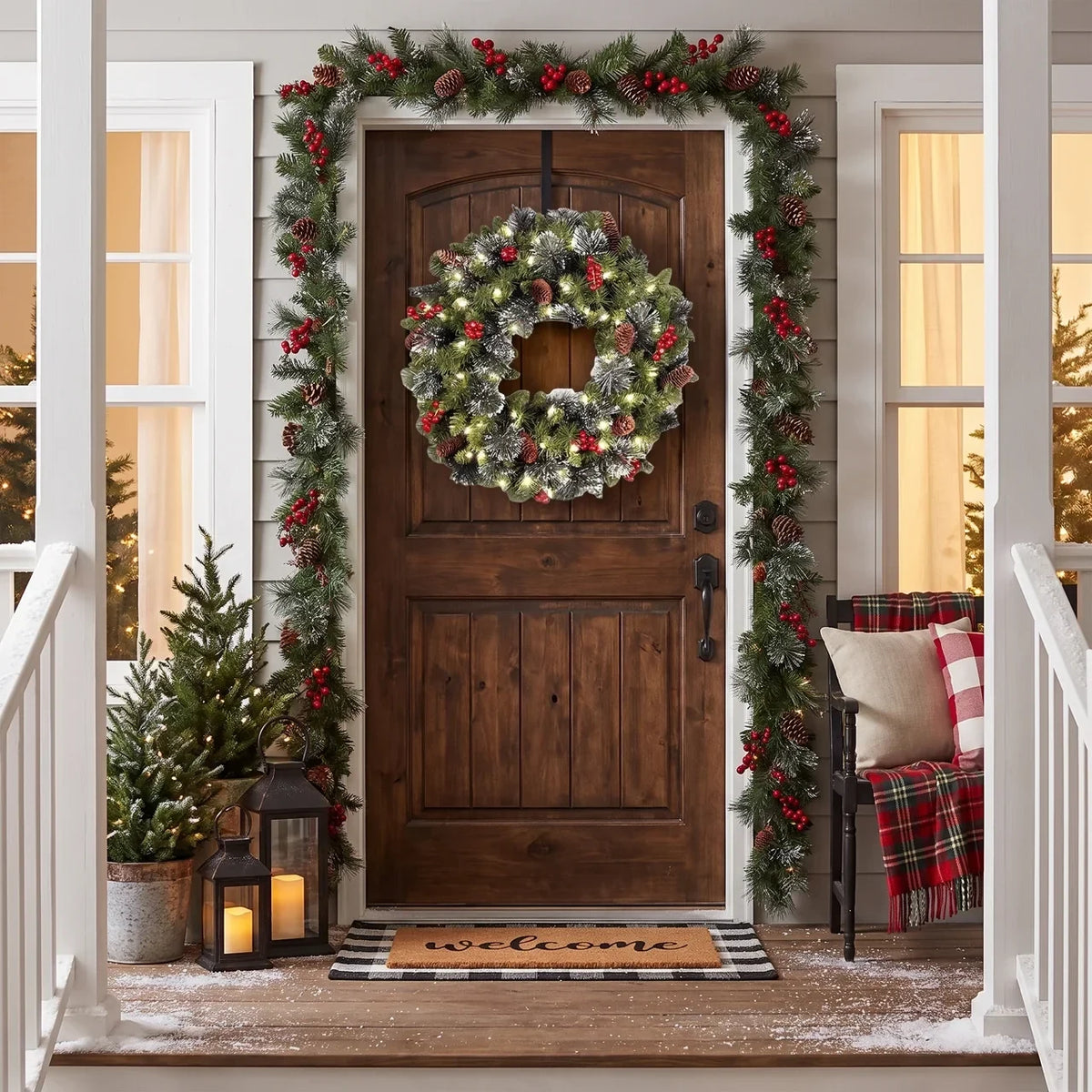 Christmas Wreath with Lights Pine Cones and Red Berries for Door Decoration - Image 2